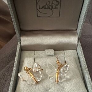 Lalique Gold and Clear Crystal Butterfly Earrings